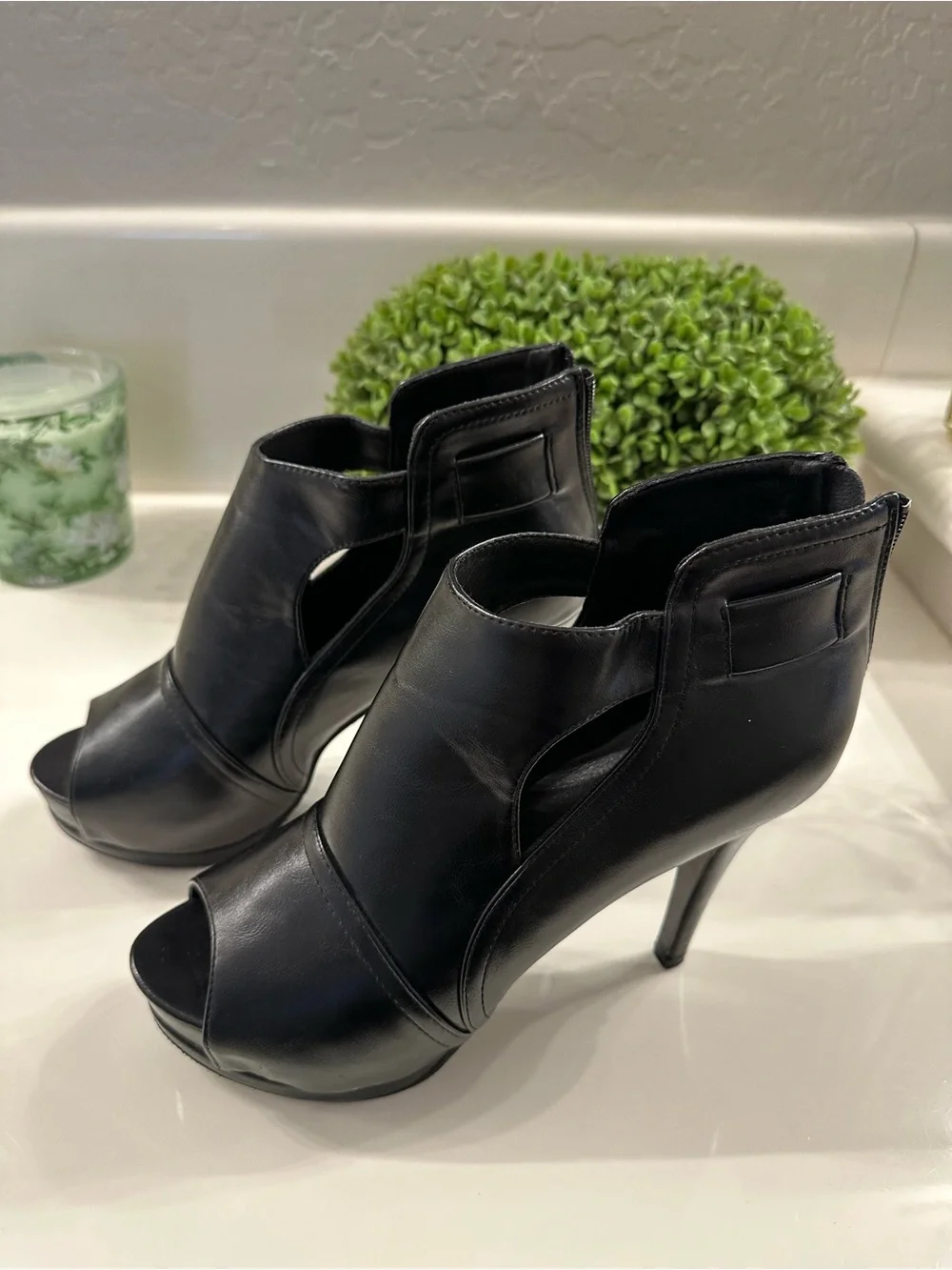 Women's Black Peep-Toe Heel Booties